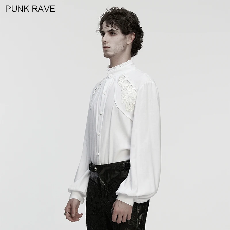 PUNK RAVE Men's Gothic Cotton & Linen Stand Up Collar Shirt Lantern Sleeves Retro Romance Party Elegance White Blouses