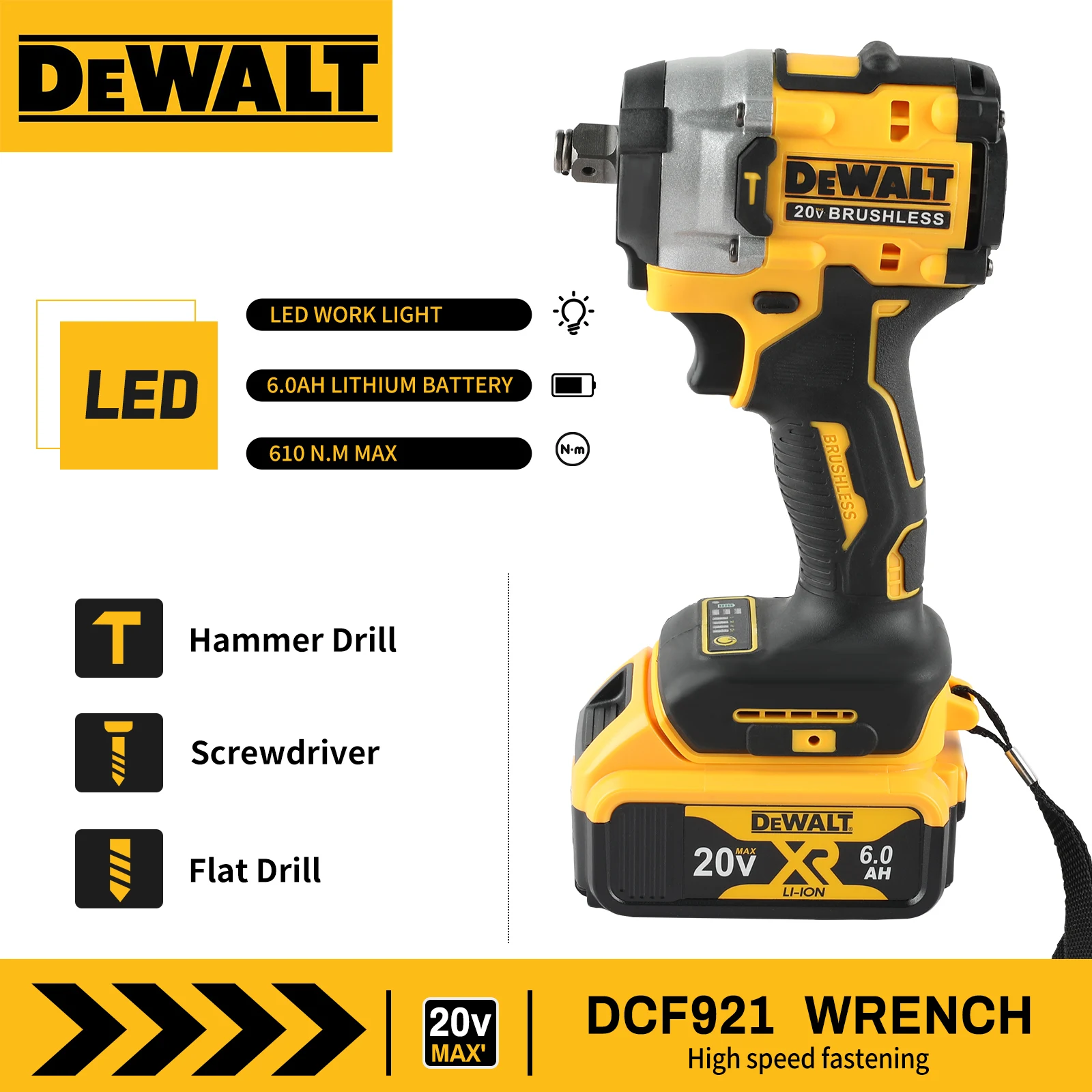 DEWALT DCF921 20V Kunci Impact 1/2in Tanpa Sikat & Bor Listrik Tanpa Kabel-Kecepatan Variabel, Alat Telanjang Multifungsi