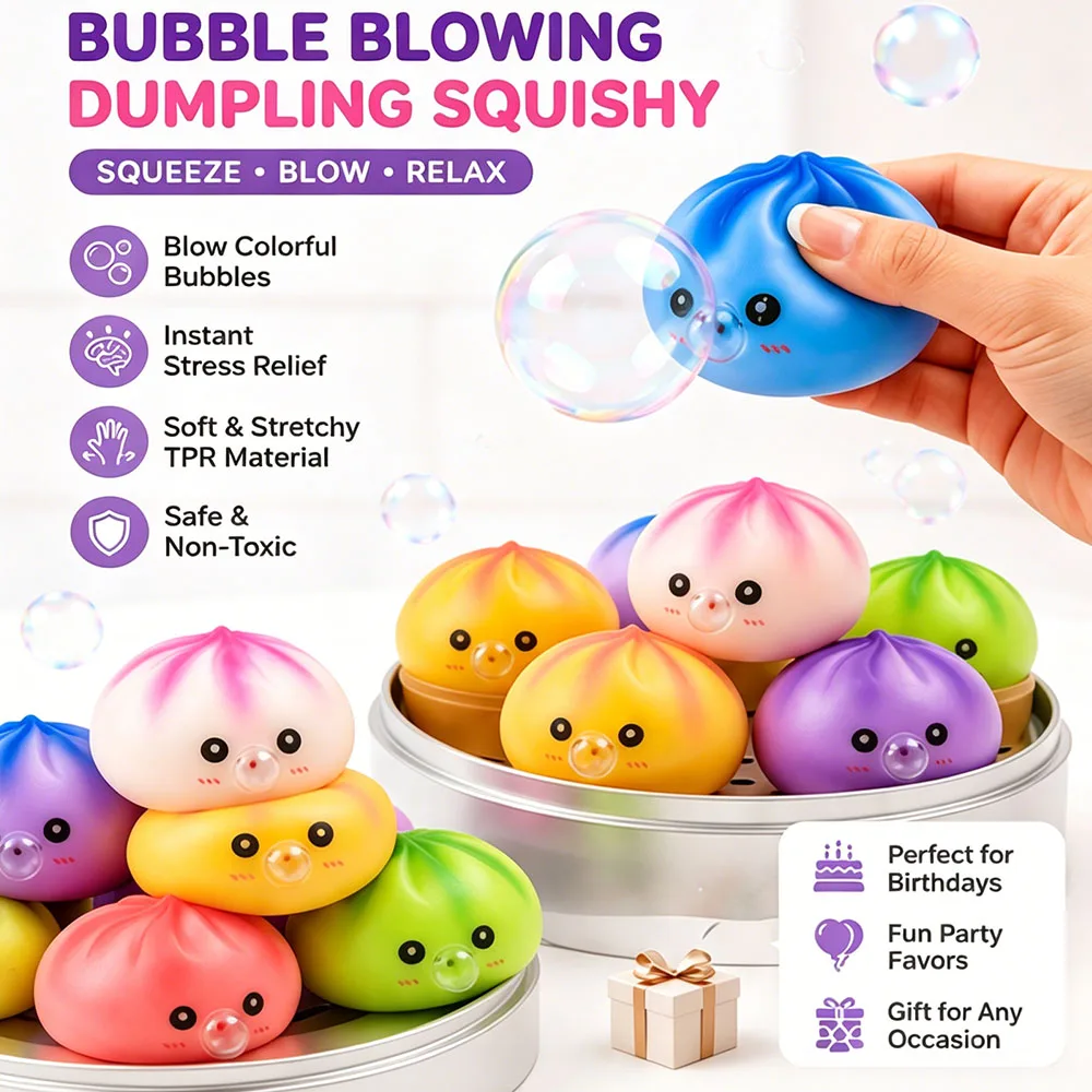 Y2K Aesthetic Dopamine Desk Decor Bubble Blowing Dumpling Squishy Steamer Set Kinetic Fake Food Tactile Prop Trendy Novelty Gift