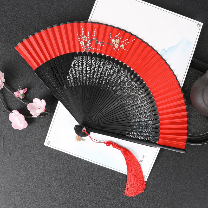 Chinese Style Women's Folding Fan Retro Classical Bamboo Fan Tassel Silk Lace Hand Fan Hanfu Dance Performance Prop