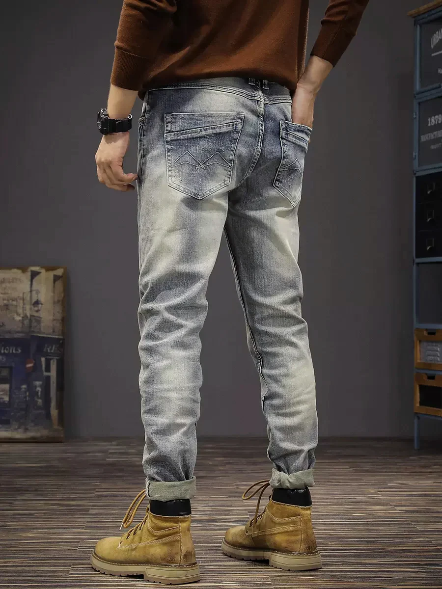 Fashion Vintage Men Jeans Retro Light Gray Blue Stretch Slim Ripped Jeans Men Elastic Trousers Embroidery Designer Pants Hombre