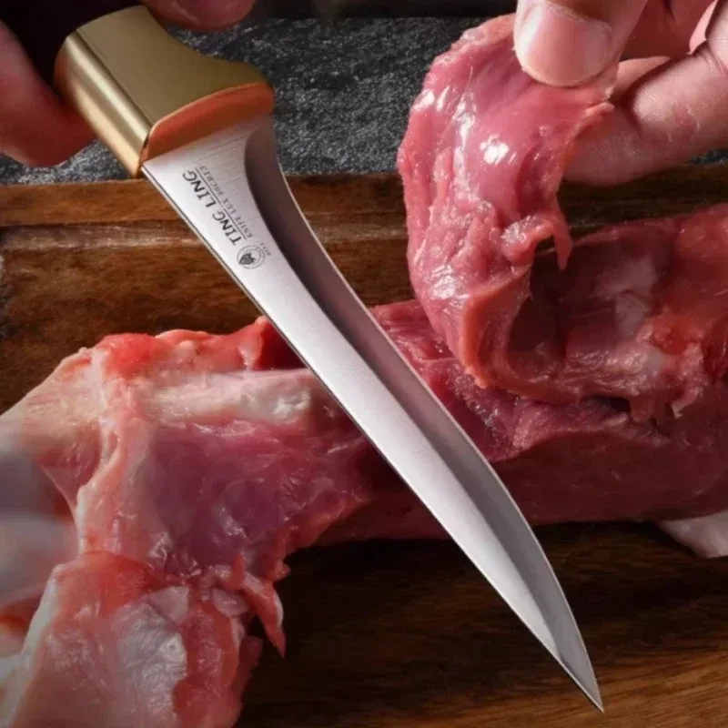 Faca profissional de aço inoxidável 3Cr13 para remoção de ossos, faca de açougueiro com lâmina curva, ferramenta afiada para corte de carne e remoção de ossos.