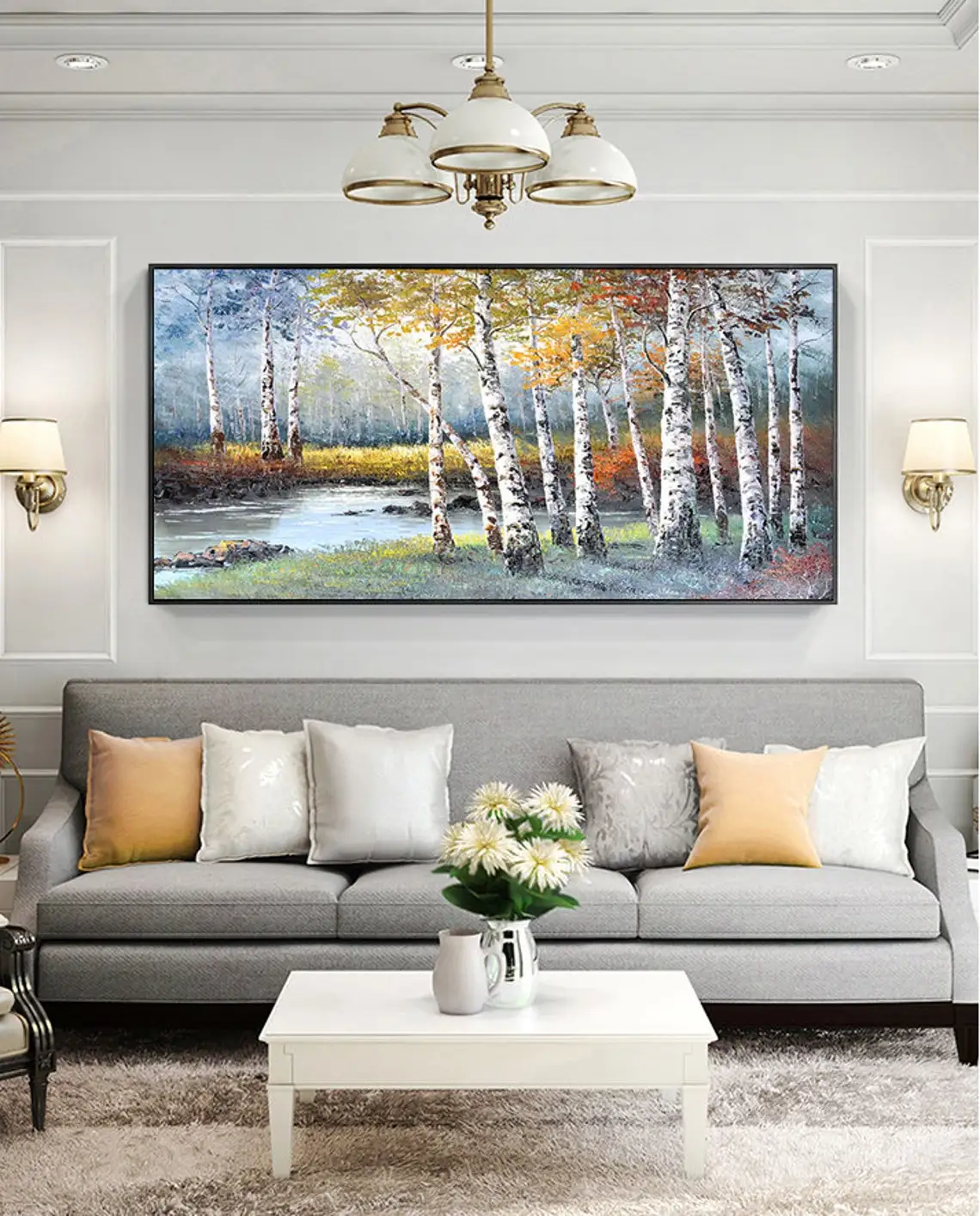 

Large Hand Painted Oil Painting Canvas Abstract Birch Forest Paint Riverside Scenery Lake Trees Landscape Nature Large Wall Art