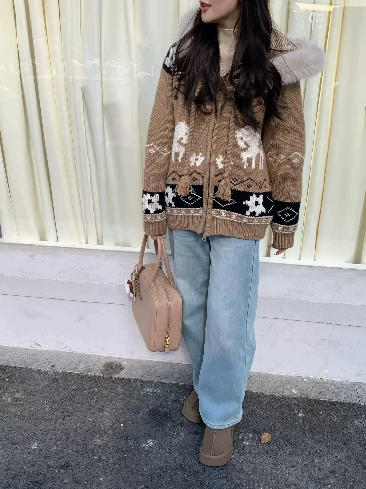 

Xisi Korean Sle Lazy Sle Hooded Knitted Open Cardigan Women's Autumn Winter Loose Slimming Sweater Jaet Thiened Top