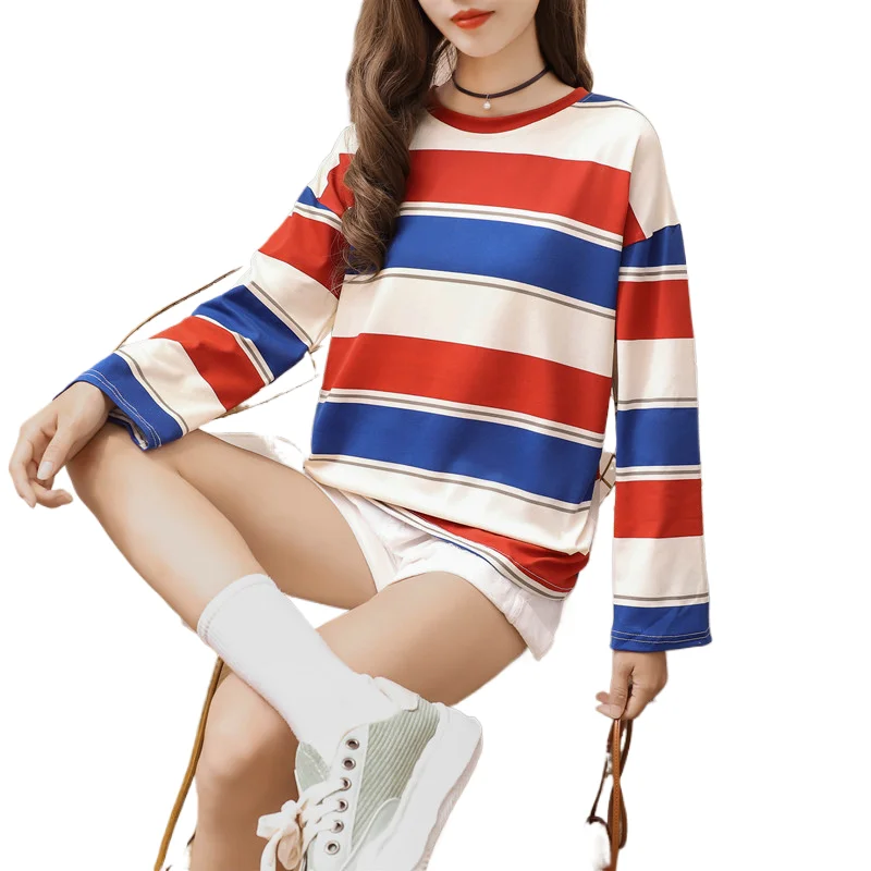 

Korean Striped T-shirt 2025 New Spring Autumn Long Sleeved Women's Loose Student Base Shirt O-neck Versatile Loose Pullover Top