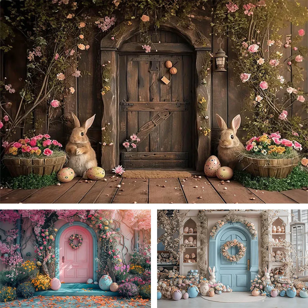 

Mehofond Easter Front Door Photography Backdrops Spring Kids Birthday Party Rabbit Eggs Flower Decor Background Photo Studio