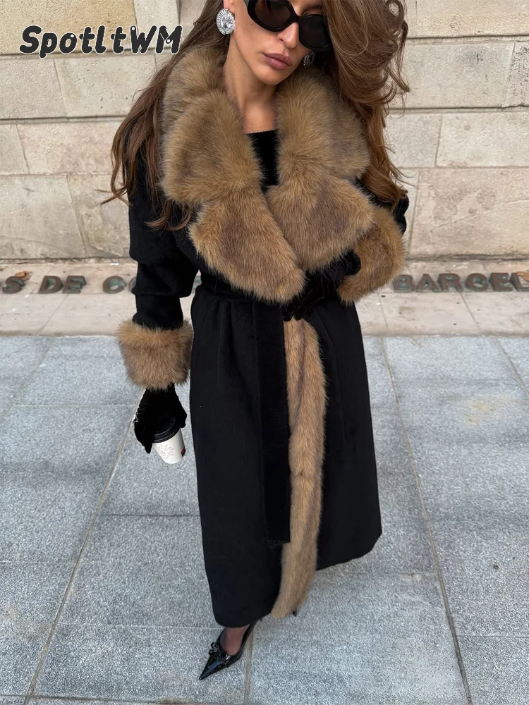 Women's Faux Fur Trim Long Woolen Jacket Belted Lapel Full Sleeve Warm Outerwear 2026 Daily Winter Commute Streetwear Coats