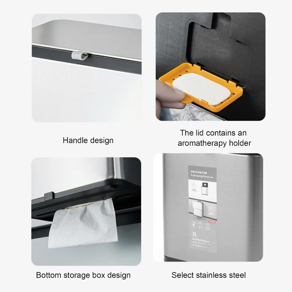 With Lid Stainless Steel Trash Can Silver Hanging Design Kitchen Compost Bin 3 Liter Under Sink Trash Can Cabinet Door Mount
