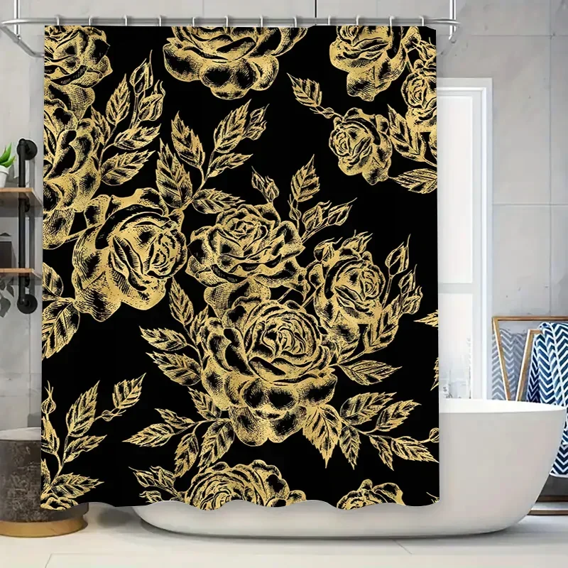 

~O~Luxurious Golden Floral Shower Curtain Decorative Bathroom Liner for Modern Bathrooms