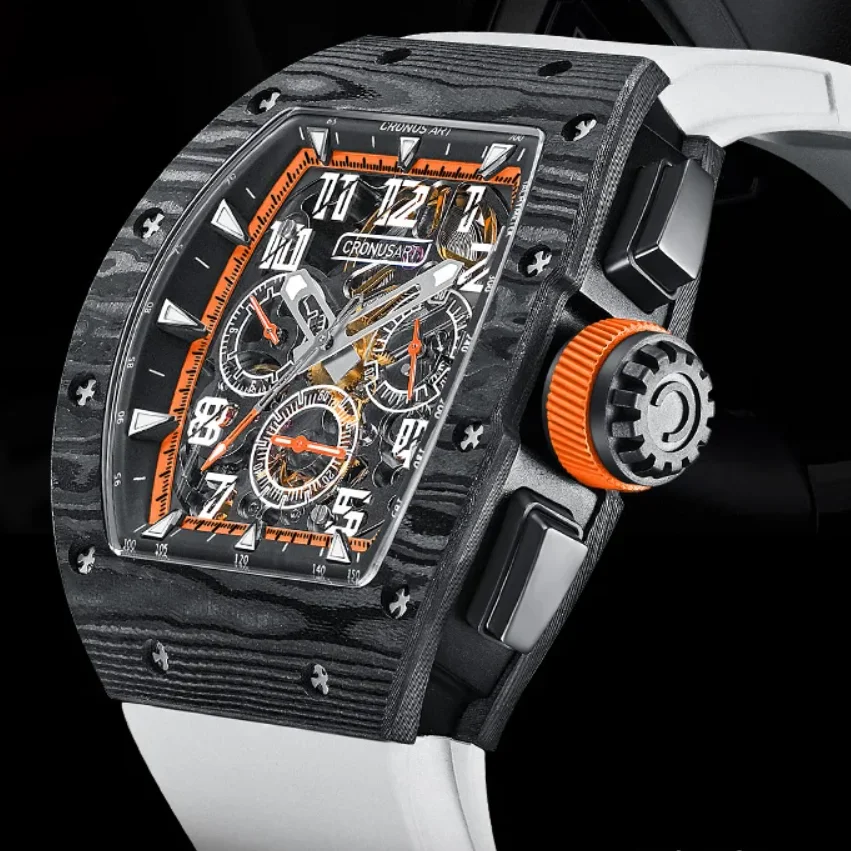 CRONUSART Men Automatic Watch 50mm Chronograph Self Winding Mechanical Wristwatch Carbon Fibre Tonneau Case Luminous