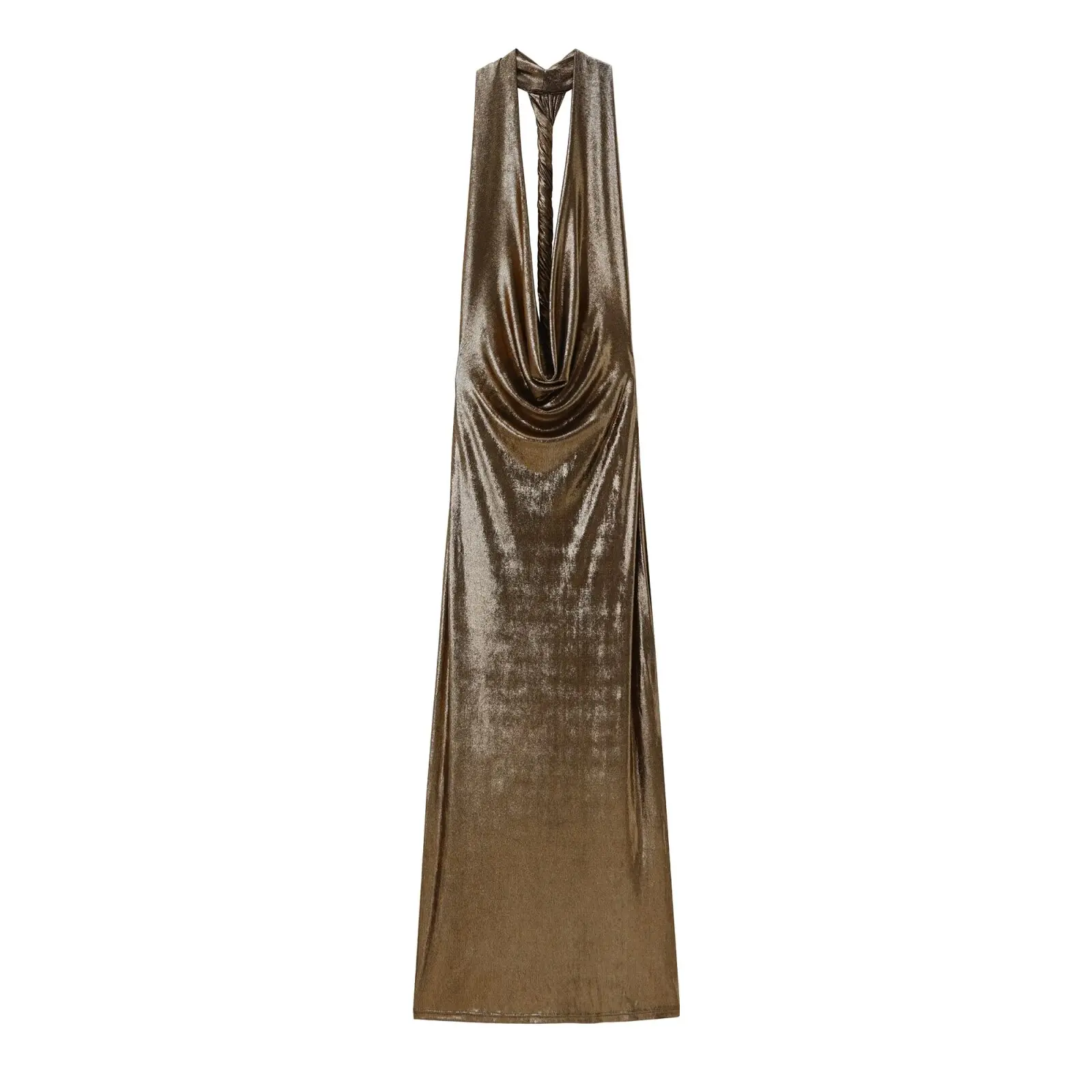 

Women's summer new fashion metal foil decoration sexy hanging neck Midi dress retro sleeveless backless women's dress Mujer