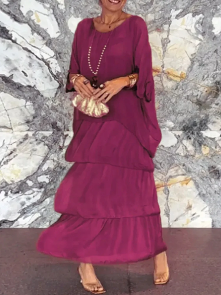 Loose Patchwork Solid Loungewear Dress, Women Spring Summer O-Neck Elegant Maxi Dress, Half Batwing Sleeve Simple Ladies Dress