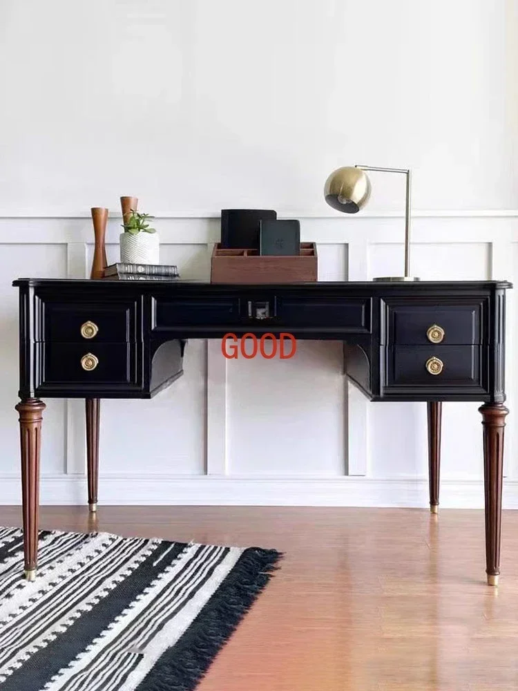 Style Solid Wood Desk French Retro Solid Wood Computer Desk Home Black Rectangular Integrated Table