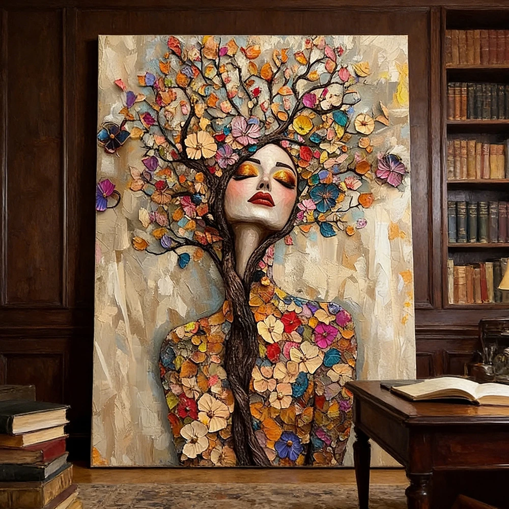 Gustav Klimt Style Mosaic Tree of Life Flower Goddess Canvas Painting Abstract Floral Goddess Art Poster Living Room Home Dec