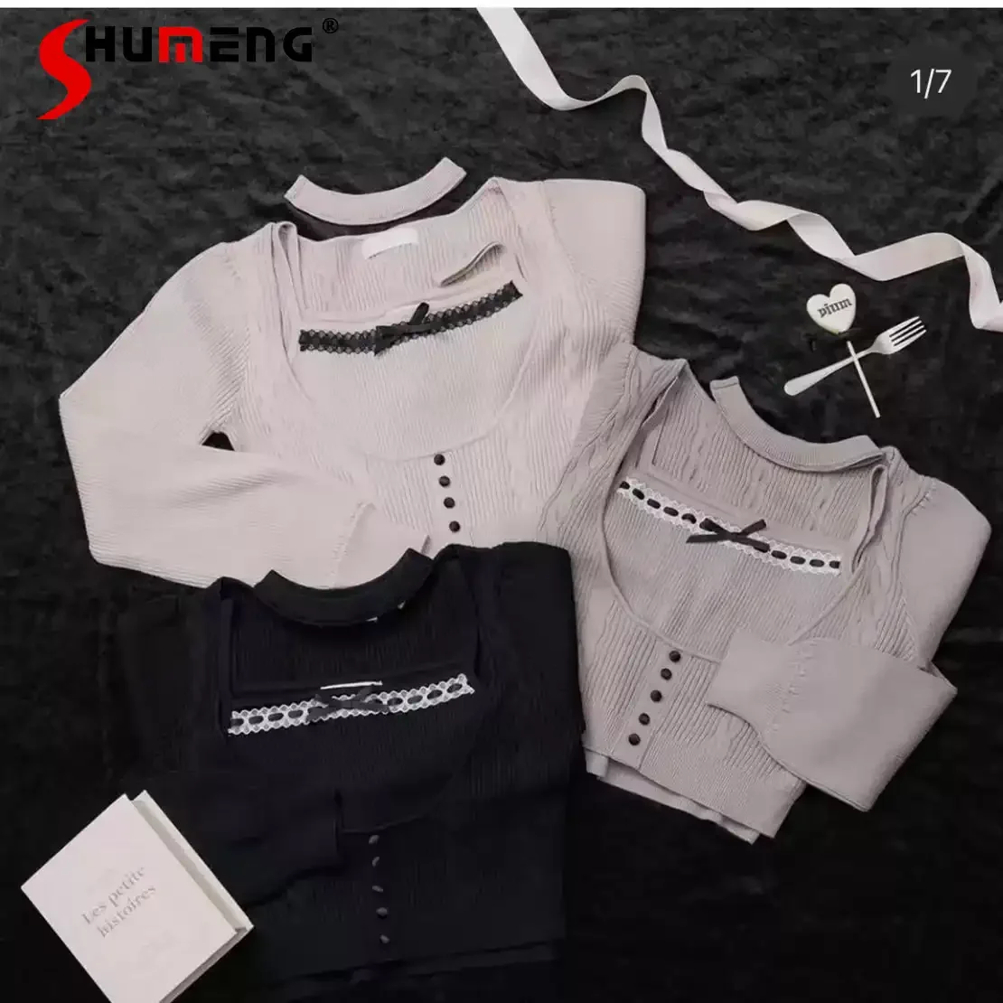 

Japanese Elegant Sweet Girl's Bow Sleeveless Sling Tops Long Sleeve Knitted Short Pullovers Women's Two-piece Set 2026 Spring