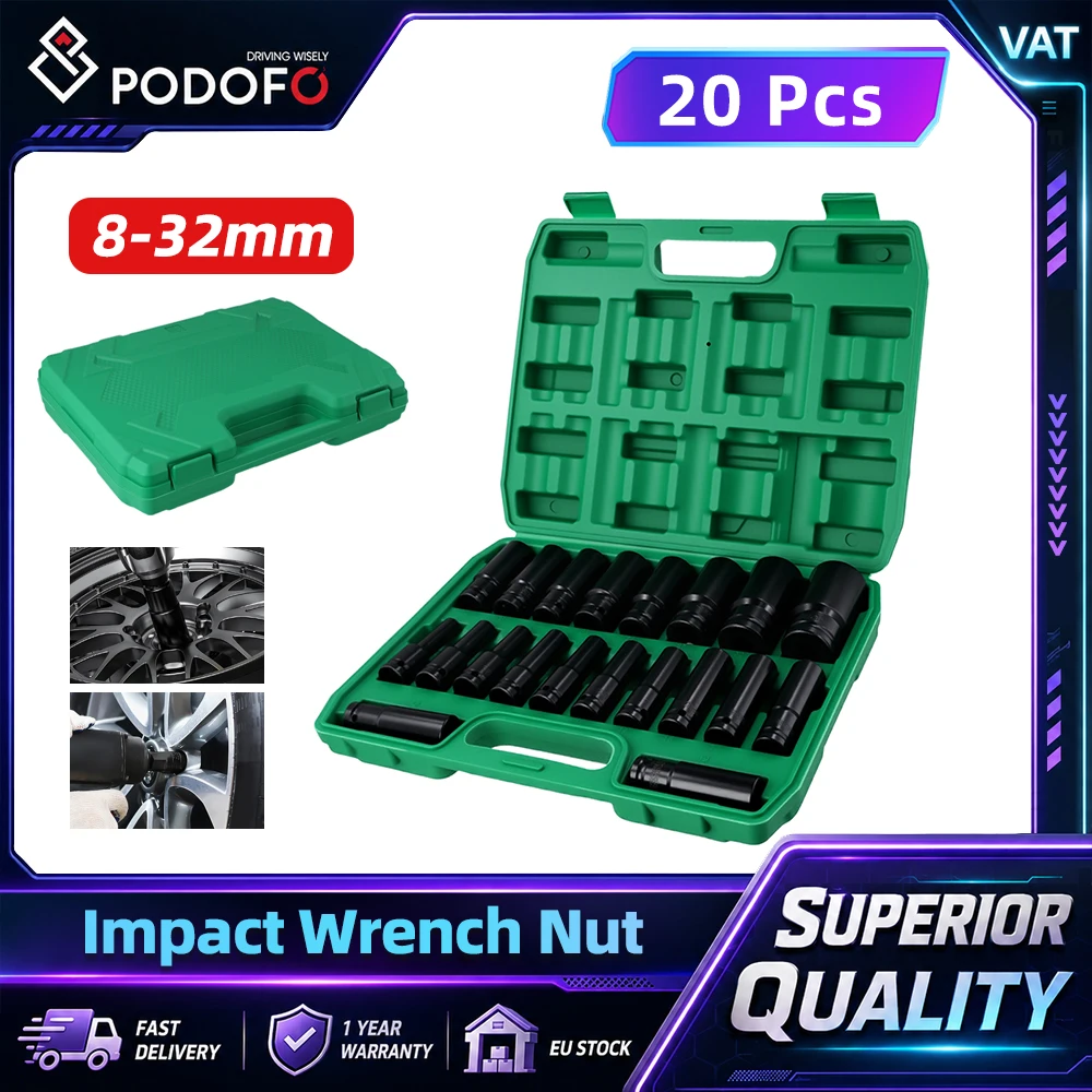 Podofo Juego de 20 Llaves de Impacto de 1/2 Pulgada, Tamaños Métricos de 8-32 mm, Acero al Cromo Vanadio, Juego de Llaves Hexagonales con Estuche para Técnicos Automotrices y Mecánicos Industriales