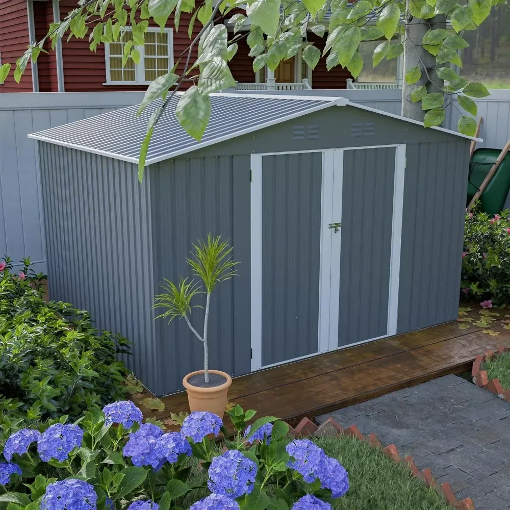 10x8 foot metal outdoor storage shed, large heavy-duty tool shed with lockable doors and ventilation for backyard terrace lawn