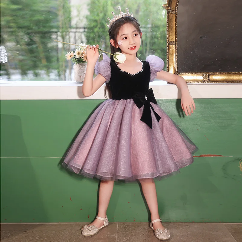 Girls Evening Dresses New 2025 Purple Flower Girl Wedding Birthday Short Square Neck Tutu Party Performance Dress Customized