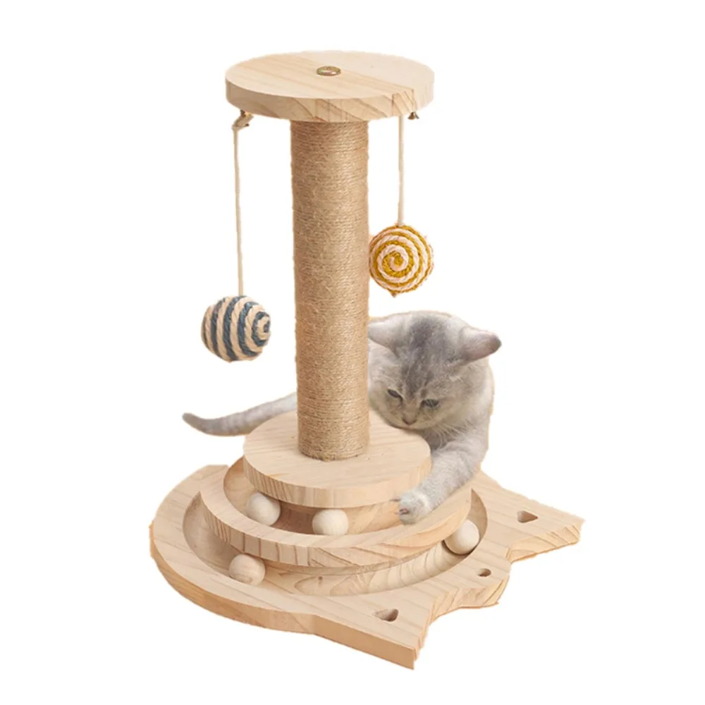 

Wooden Interactive Cat Toy Scratching Post with Two/Three Turntable Balls for Safe and Funny Kitten and Puppy Playing and Exerci