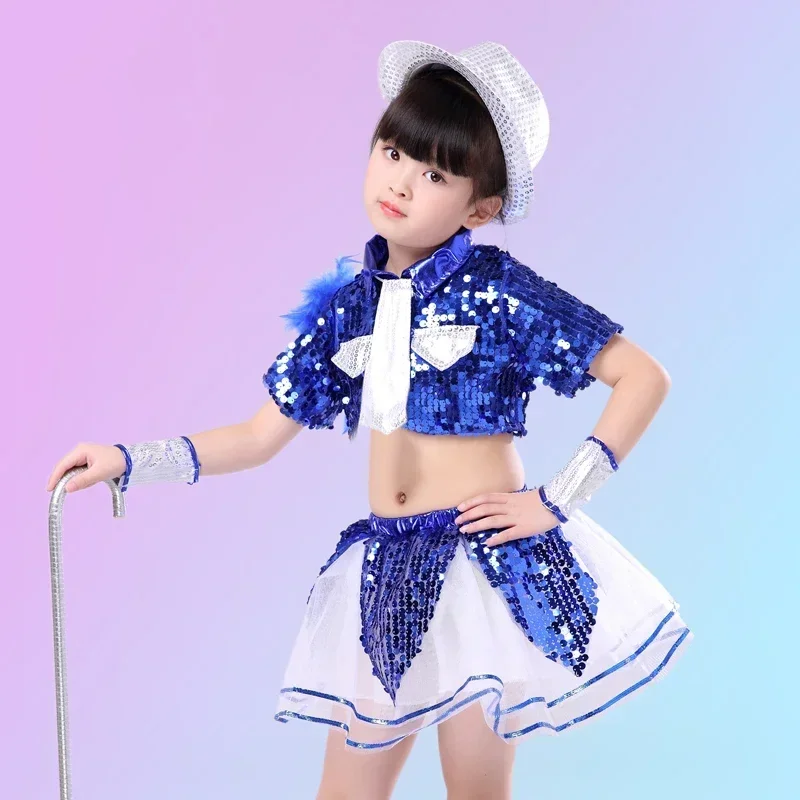 

Children's Jazz Dance Costumes Boy and Girl sequins feather Performance Wear Blue and gold child Stage Dance Costumes