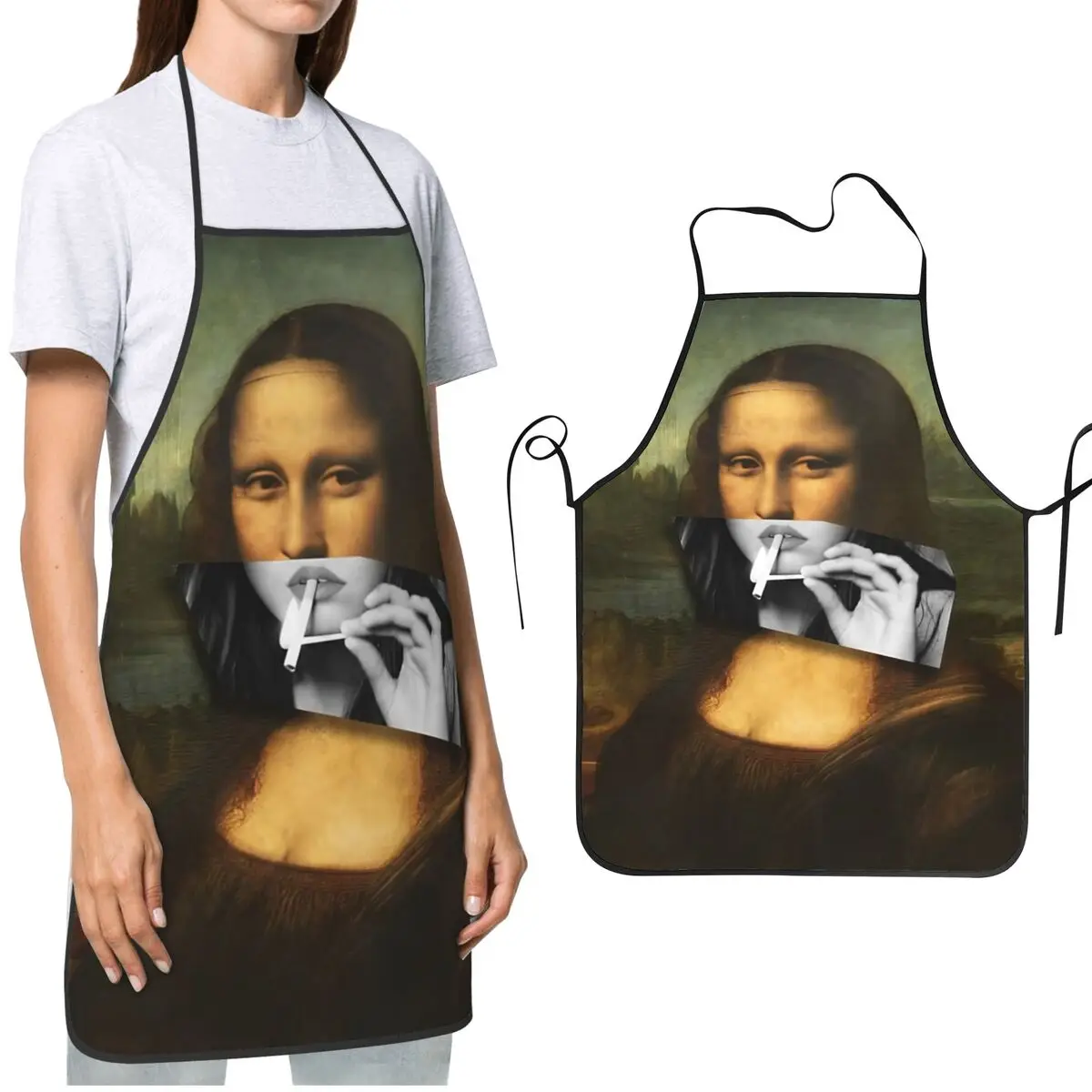 Men Women Chef Gifts Kitchen Cooking Aprons Parody Monalisa Funny Cooking BBQ Grilling Aprons Adjustable Oil & Water Resistant