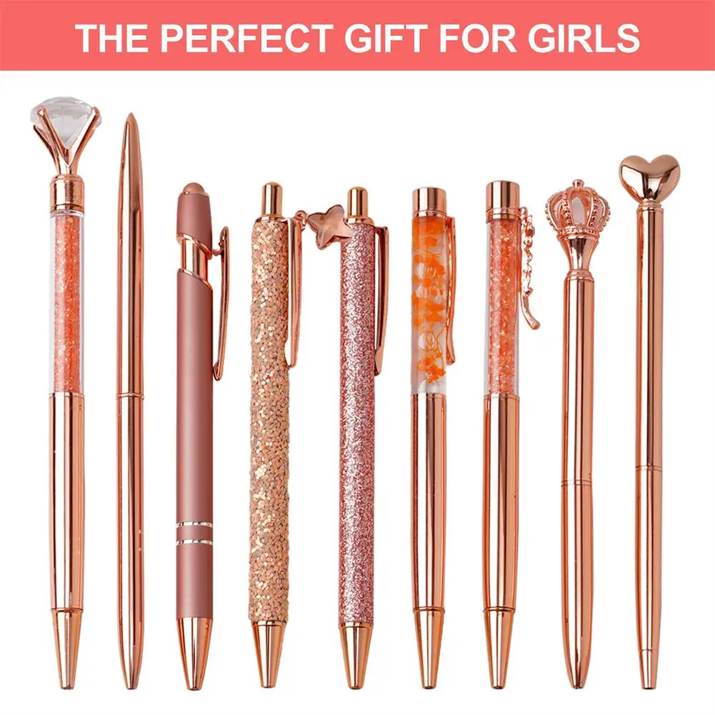 Ensemble de stylos à bille en métal or rose pour femmes, stylo diamant en cristal, stylo à bille à encre noire, stylo à paillettes de bureau, Sup de mariage, K5u5, 9 pièces