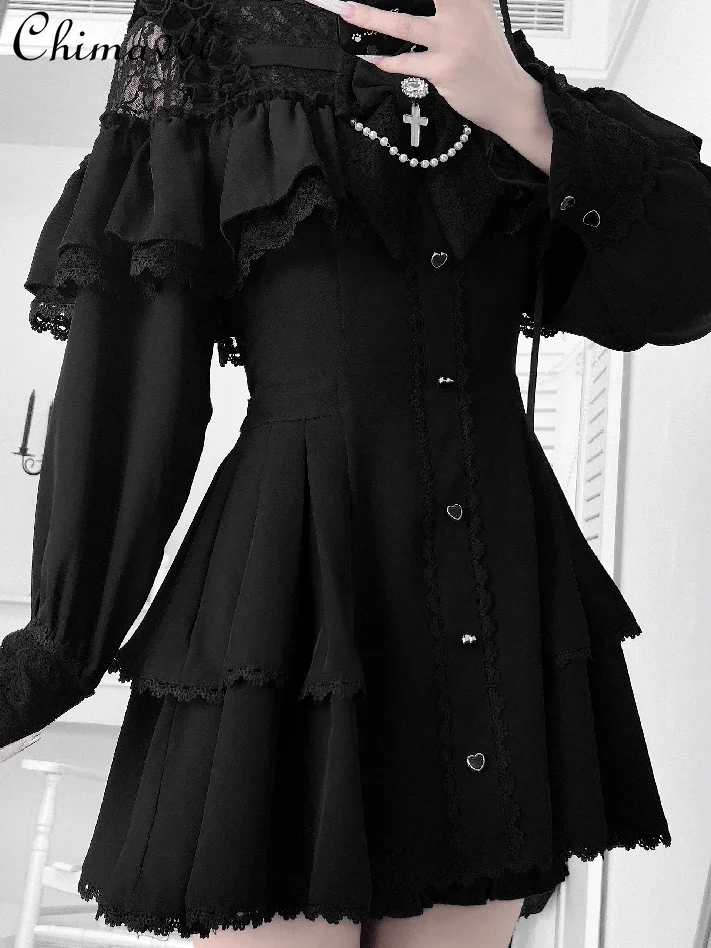 

Original Design Japanese Style Bow Lace Dress Set Spring Summer Punk Girl Lace Short Long Sleeve Top Shorts Lolita 2Piece Set