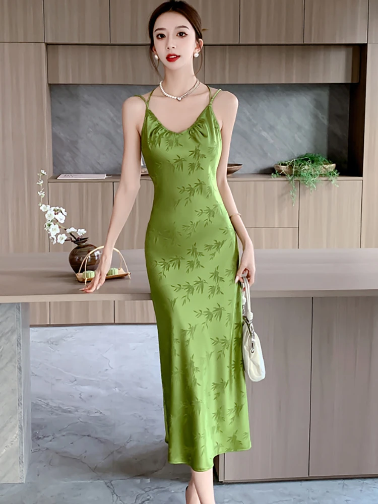 2024 New Green Print Chic Sling Luxury Long Dress Women Elegant Bodycon Dress Gown Summer Korean Fashion Festival Evening Dress