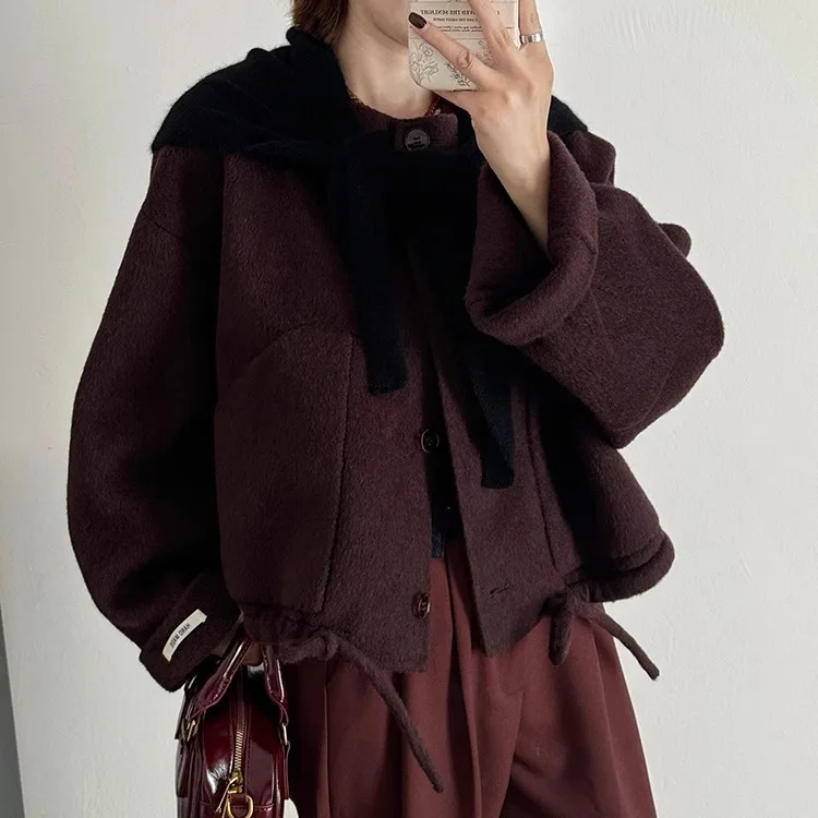 Autumn and winter Korean lace up shawl double-sided cashmere coat, women's short, loose silhouette, casual small, woolen coat