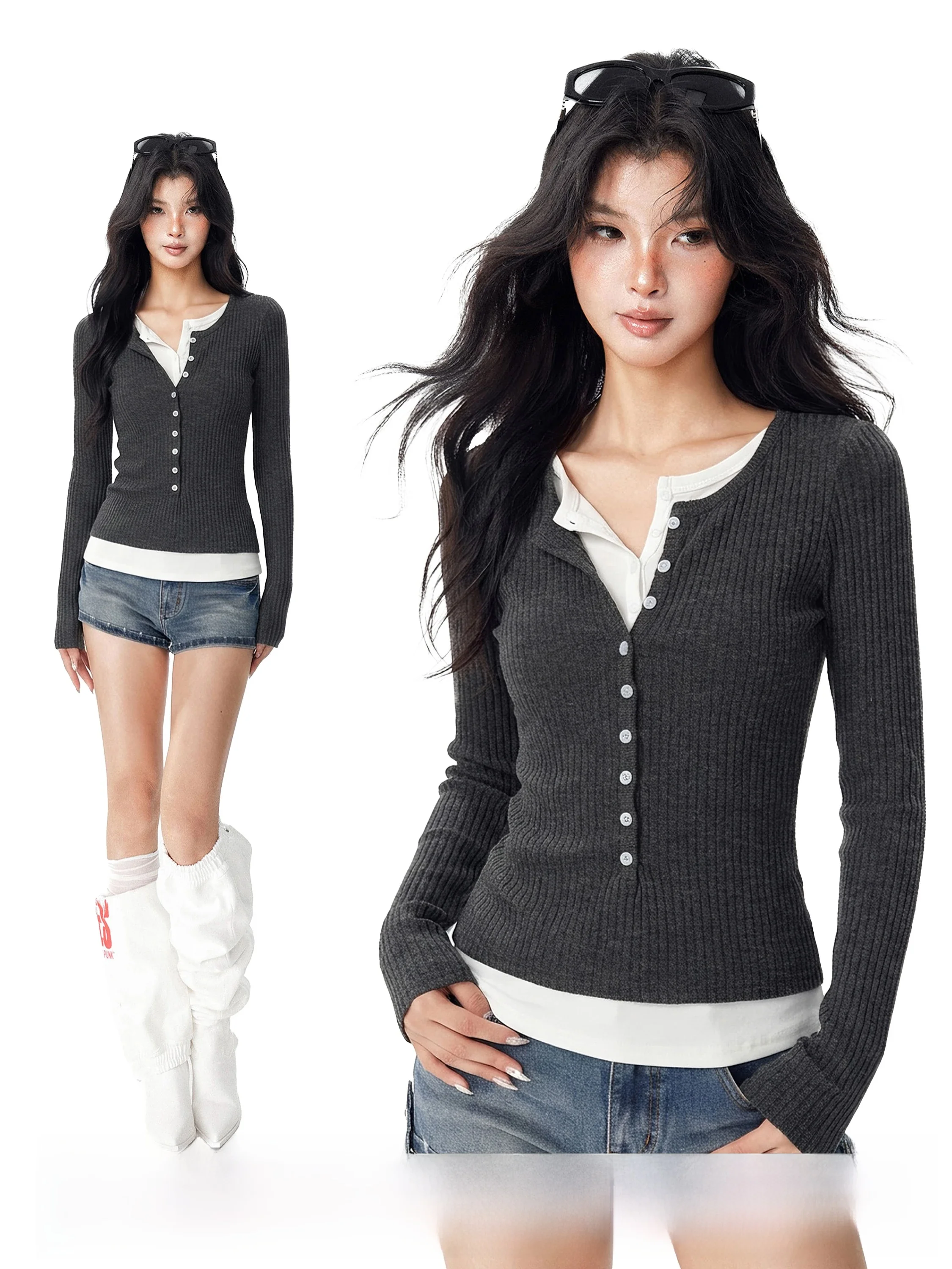 Gray Henry Collar Long Sleeve Base Shirt Women's Early Autumn Slim Fit Inner Wear Hot Girl T-Shirt Design Sense Commute Style