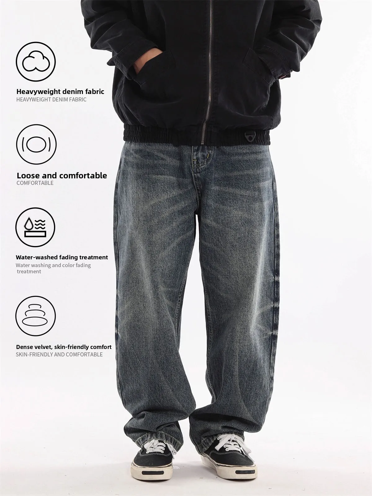 Retro Japanese Style Blue Jeans Men's Loose Straight Leg Handmade Washed Denim Pants Casual Comfortable Cotton Long Trousers