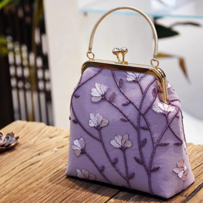 Vintage Fashion Embroidery Purple Flower Bag Embroidered Handmade Clutch Bags Phone Shell Bag Top Handle Chain Strap Sling bag