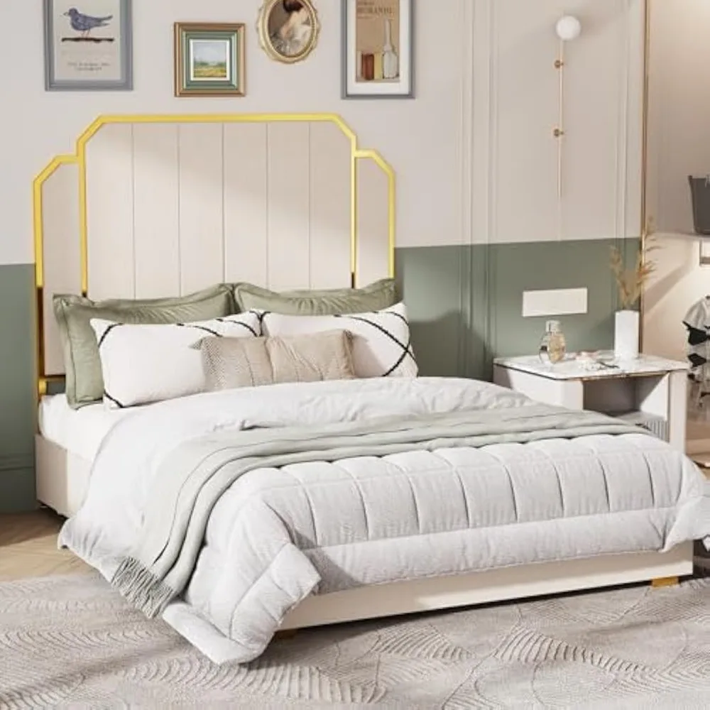 Large Upholstered Platform Bed, Gold Plated Bed, with 4 Storage Drawers and Flat Noodles Support, Without Spring Mattress.