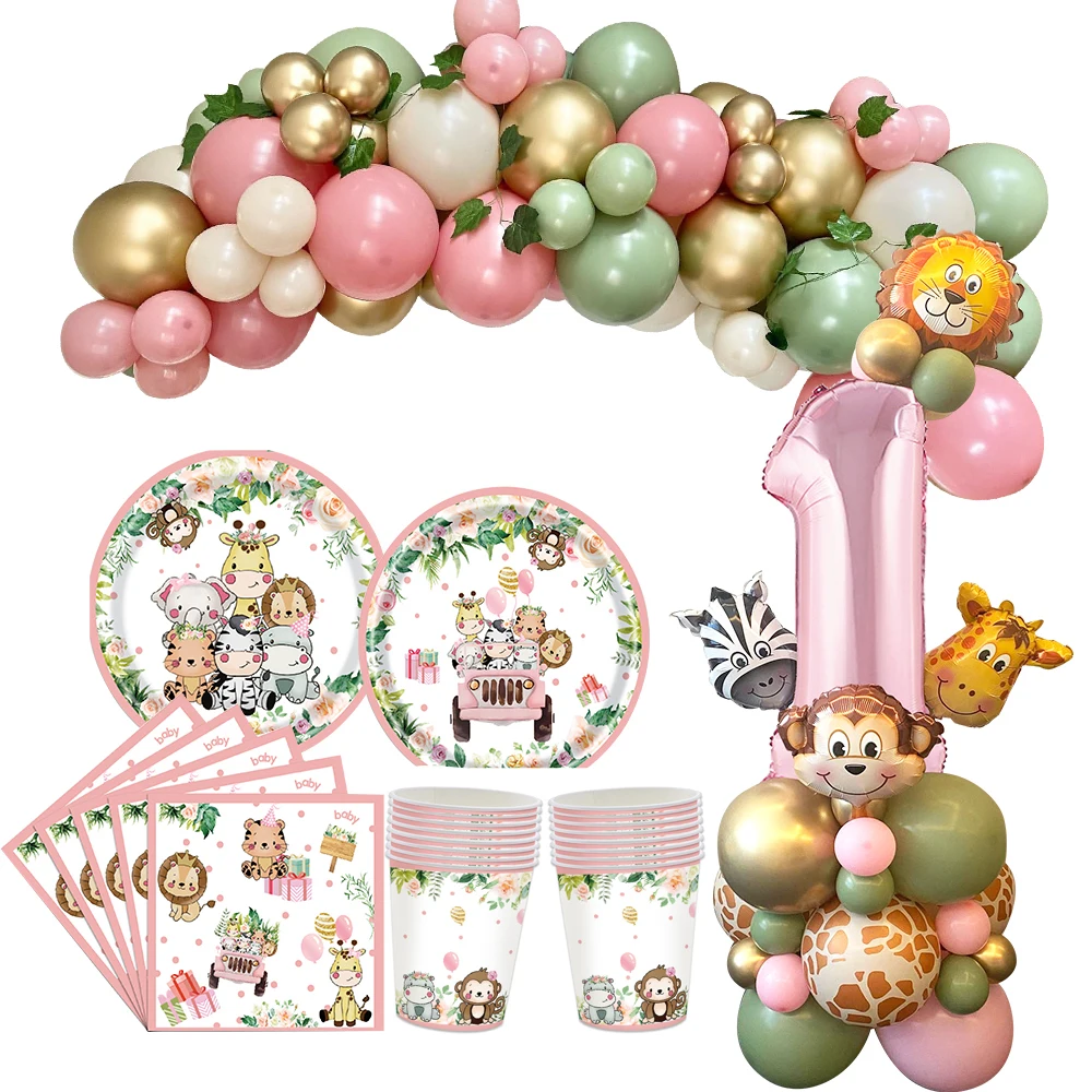 Torre di palloncini di animali selvatici rosa con numero di palloncini simpatiche stoviglie usa e getta per Wild One Jungle Forest Birthday Party decorazioni fai da te