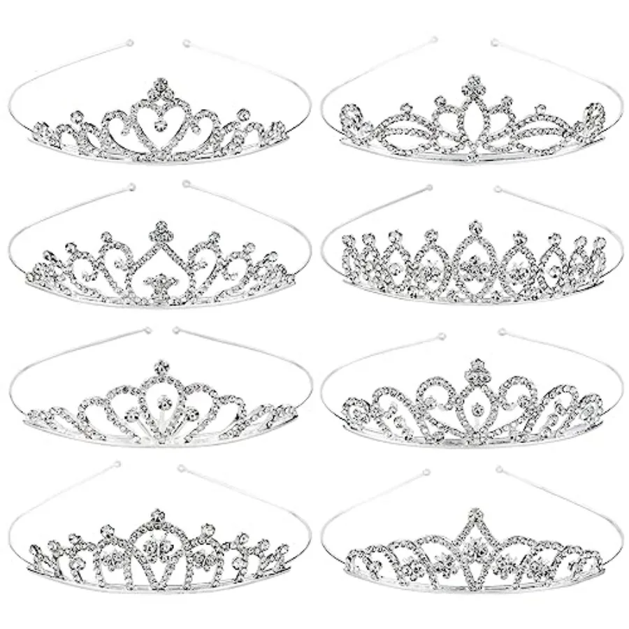 

8 Pack Silver Metal Sparkly Glitter Rhinestone Crown Headbands Wedding Prom Birthday Party Princess Hair Tiaras Clasps Accessor