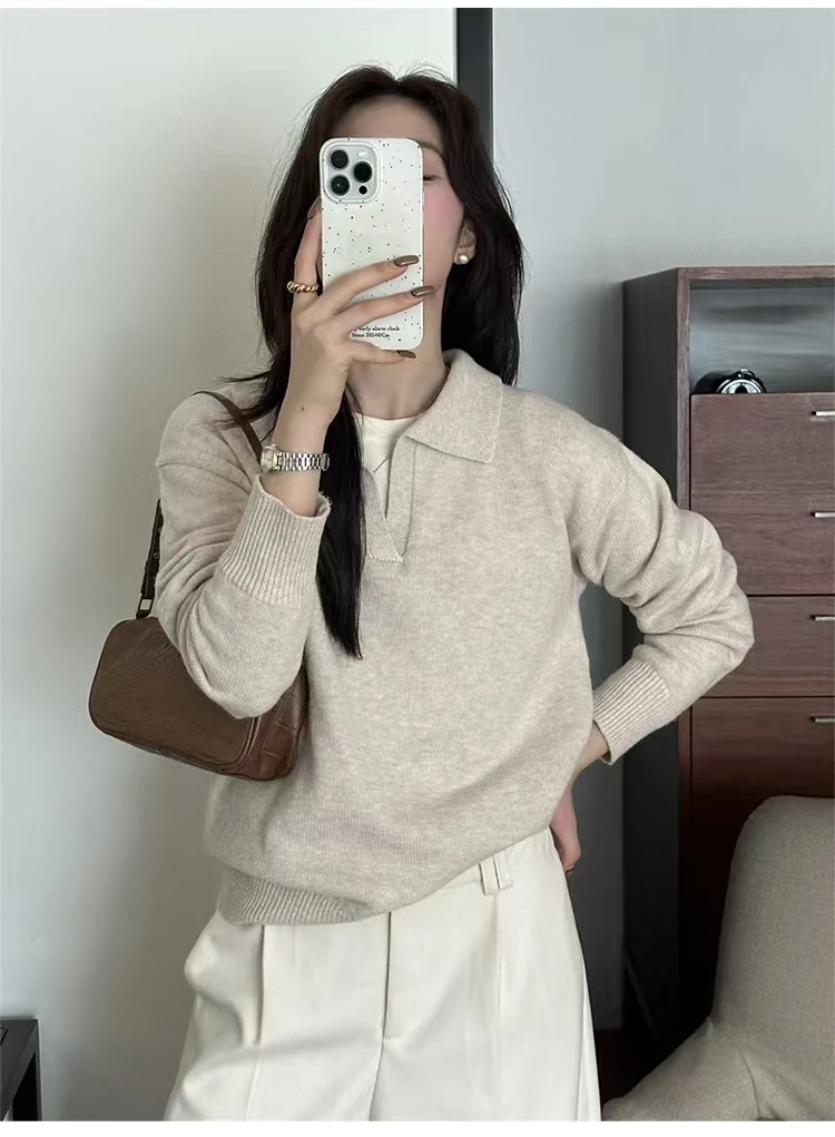 Cashmere gray high-grade polo neck sweater women wear lapels for bottoming knitting.