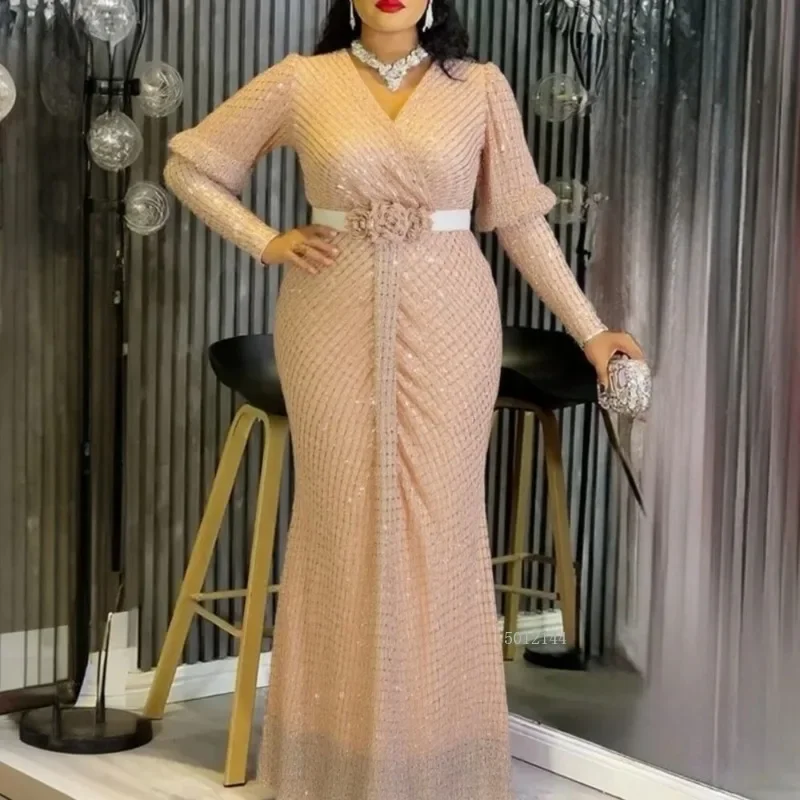

plus Size African Dresses for Women V Neck Long Sleeve Mermaid Robe Wedding Party Luxury Turkey Dress Ethnic Clothing