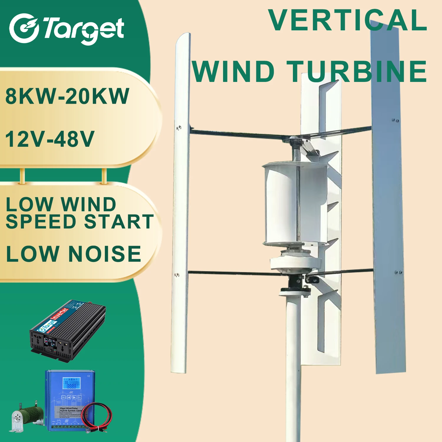 

Vertical Wind Turbine Windmill Generator Low Noise Speed Start 3Phase 12V-220V 15KW 10KW Clean New Energy Connected Solar System