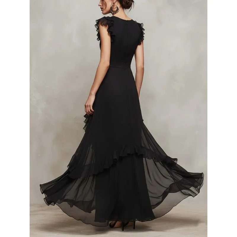 ティナ 女性用 シアー ラッフルトリム ドレス 2026 春夏 アシンメトリー パッチワーク メッシュ ジッパーバック イブニング ウェディング ゲストドレス