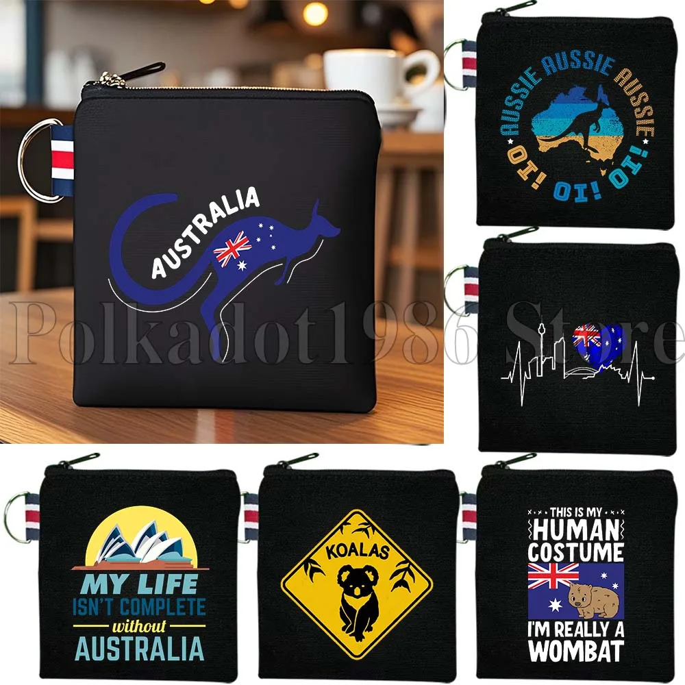 กระเป๋าใส่เหรียญผ้าแคนวาสลายธงชาติออสเตรเลีย ซิดนีย์ ออคแลนด์ พร้อมลายโคอาล่า ของที่ระลึกสำหรับนักเดินทาง กระเป๋าใส่บัตรและกุญแจทรงสี่เหลี่ยมเล็ก