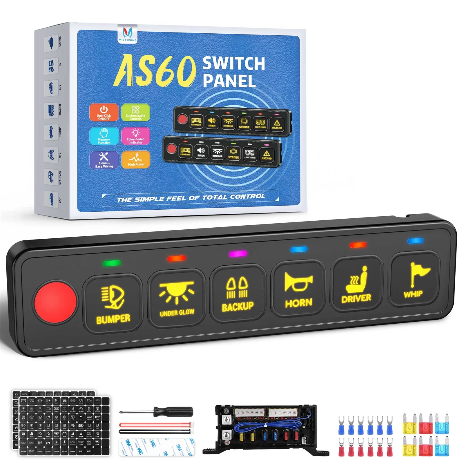 MICTUNING Universal 4 /6 Gang Switch Panel, High Power Multifunction Toggle Momentary Strobe Circuit Control Relay System Box
