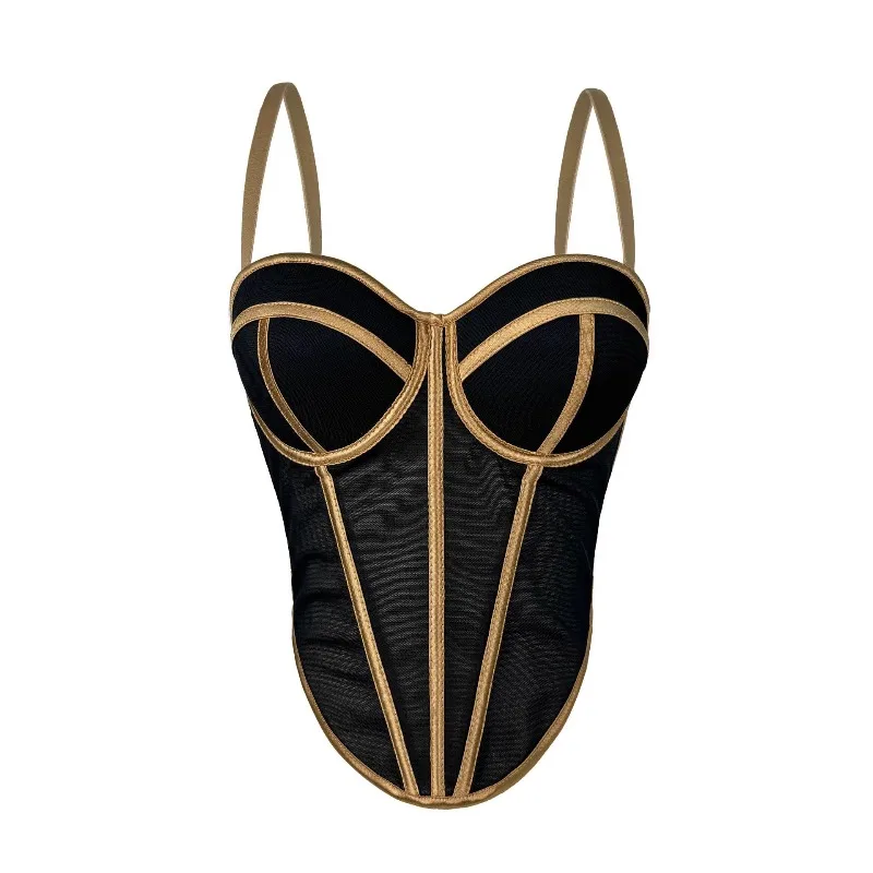 European Foreign Trade Fish Bone Sexy Mesh Tube Top Backless Design Sense Line Contrasting Color Girdle Waist Pure Desire Top