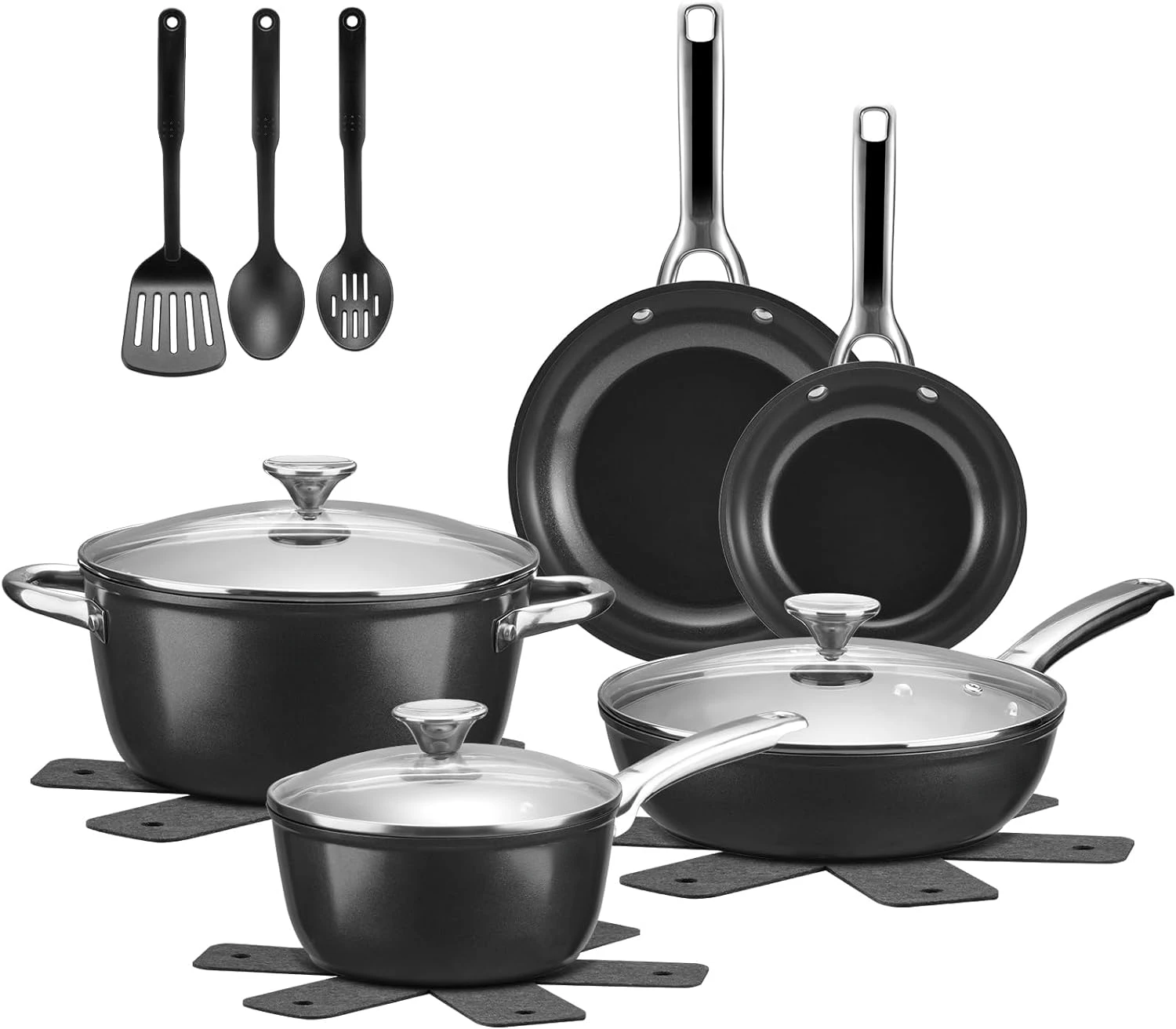 

Induction Cookware Set 15-Piece, Pots and Pans Set with Healthy Ceramic Non-Stick Coating, Stainless Steel Handles ＆ Lids, Dis