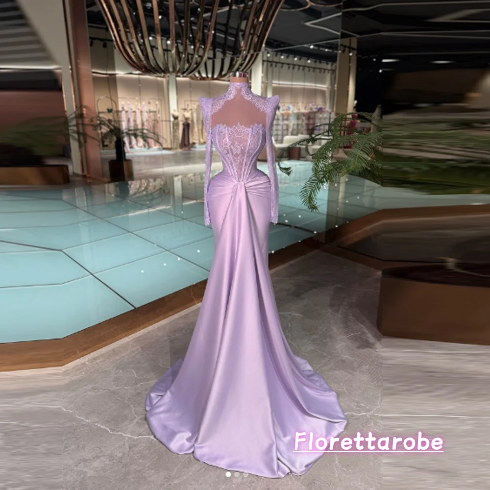 

Florettarobe Нежные кружевные вечерние платья для женщин с длинными рукавами и атласными складками Vestidos Robes De Soiree по индивидуальному заказу