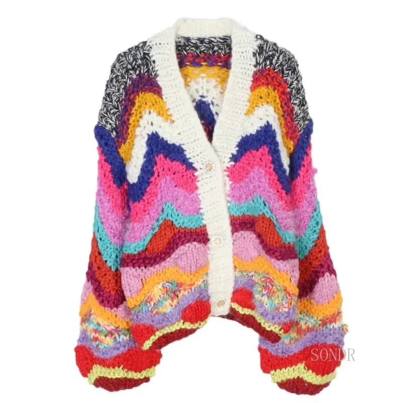 Women's Rainbow Striped Knitted Cardigan, Wool, Coarse Yarn, Thick Sweater Jacket, V-neck, Single-Breasted Coat, Korean Fashion