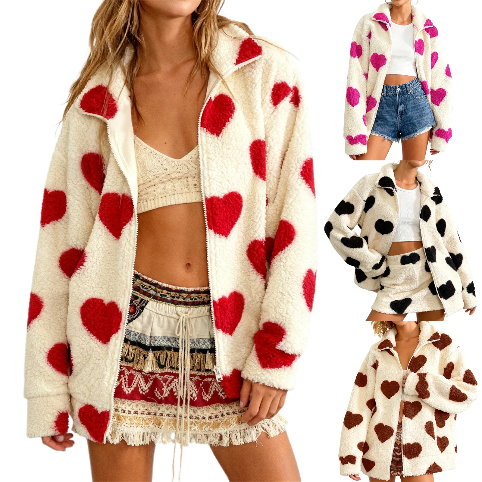

2026 Winter Women's Valentine s Day Heart Jacket Fashion Female Casual Long Sleeve Zip Up Loose Fuzzy Coat