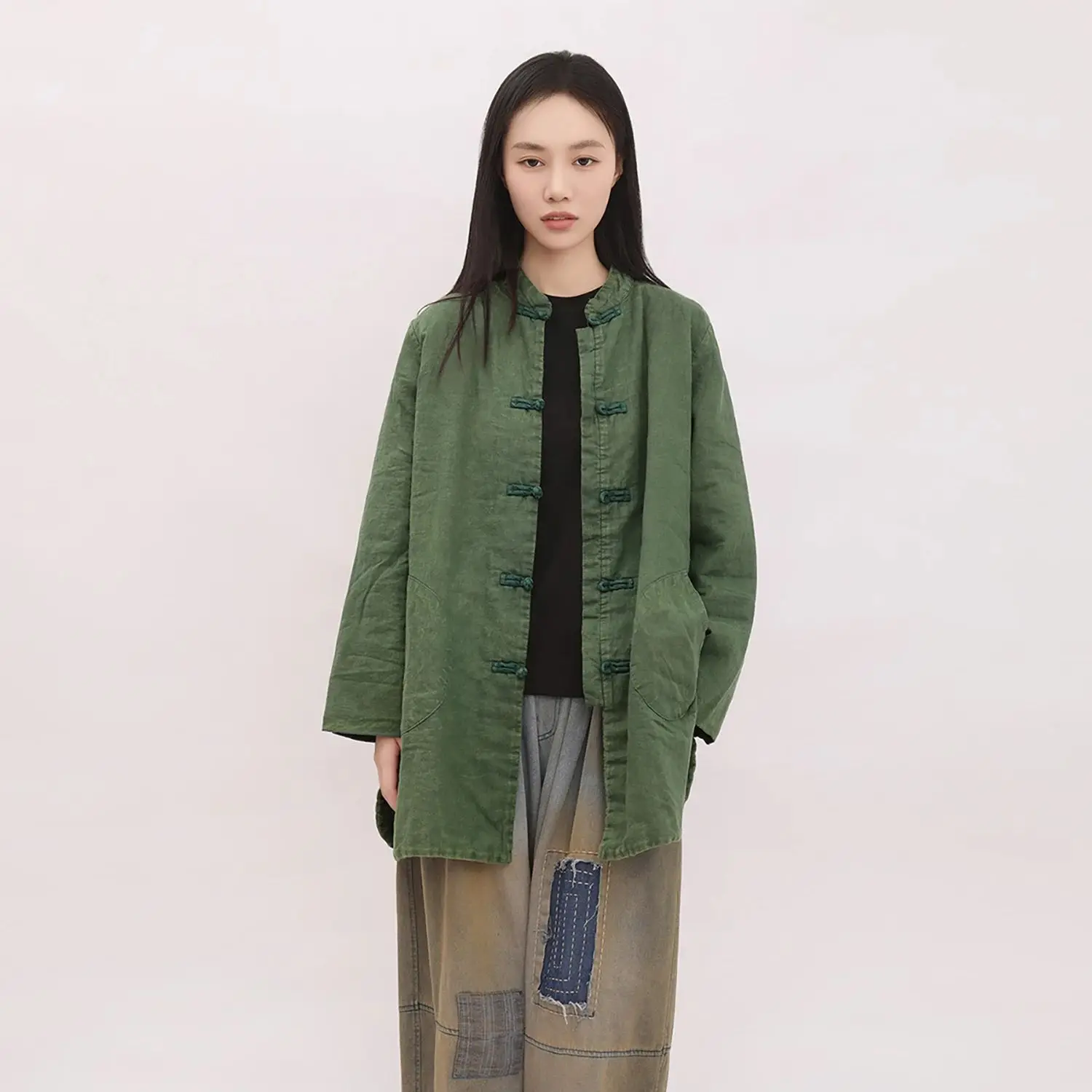 LZJN 여성용 겨울 젠 스타일 빈티지 솜 패딩 코트, 만다린 칼라 버튼형 따뜻한 재킷, 태극권 의류 디자인.