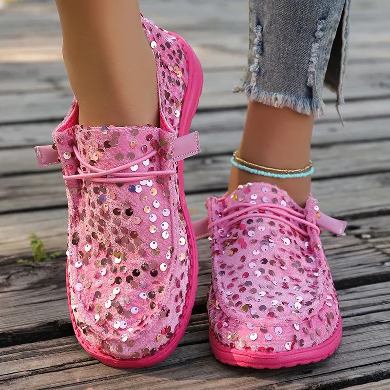 

Hot Seller 2024 Novelty Shiny Sequins Flat Loafers Women's Shallow Mouth Lacing Soft Bottom Sneakers Solid Slip-on Large Size 43