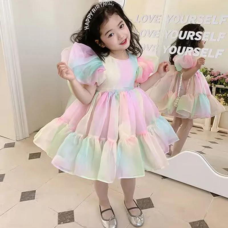 Summer Girl Skirt Puff Sleeve Mesh Skirt Rainbow Puffy Princess Press Girl Toddler Bow Round Neck Dress
