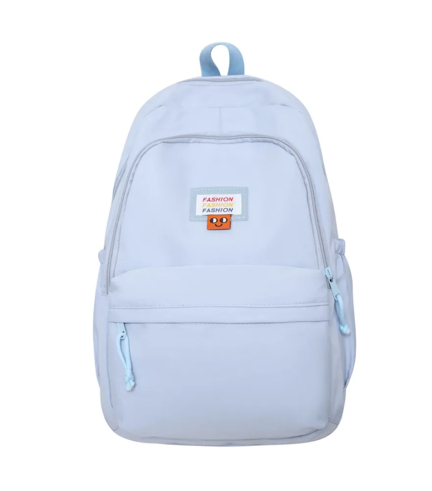 

Black minimalist student backpack with fashion tag patch dual front divided pockets adjustable drawstring pull tabs